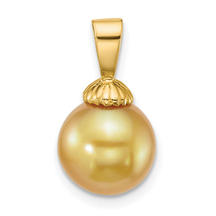 14k 9-10mm Rnd Golden South Sea Saltwater Cultured Pearl Pendant-XF868