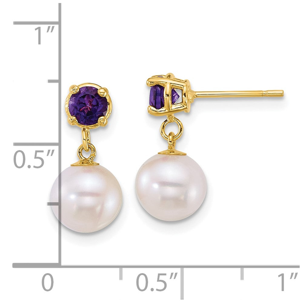 14k 7-8mm Round White FWC Pearl and Amethyst Post Dangle earrings-XF878E/AM