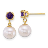 14k 7-8mm Round White FWC Pearl and Amethyst Post Dangle earrings-XF878E/AM