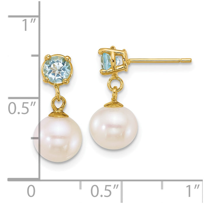 14k 7-8mm Rnd Wht FWC Pearl and Blue Topaz Post Dangle Earrings-XF878E/BT