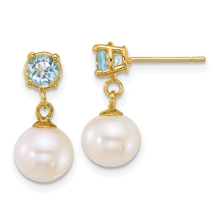 14k 7-8mm Rnd Wht FWC Pearl and Blue Topaz Post Dangle Earrings-XF878E/BT