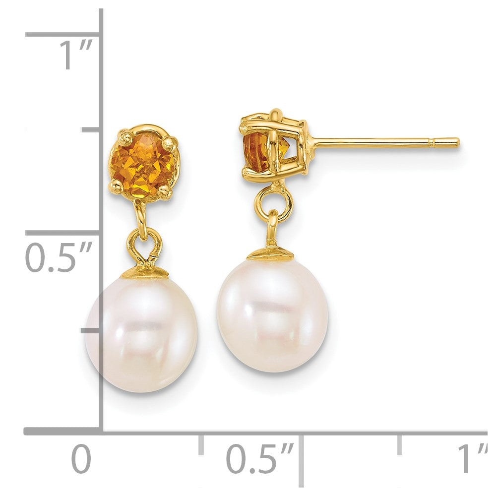14k 7-8mm Round White FWC Pearl and Citrine Post Dangle Earrings-XF878E/CI