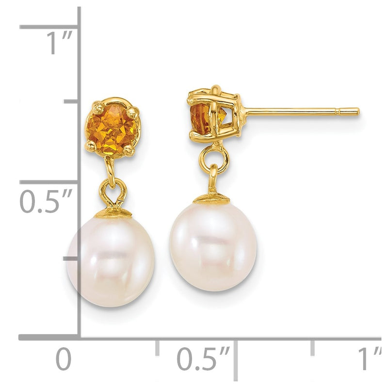14k 7-8mm Round White FWC Pearl and Citrine Post Dangle Earrings-XF878E/CI