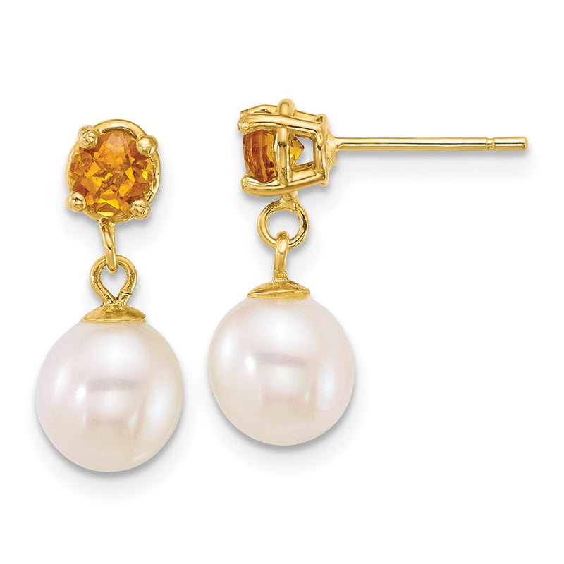 14k 7-8mm Round White FWC Pearl and Citrine Post Dangle Earrings-XF878E/CI