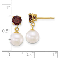 14k 7-8mm Round White FWC Pearl and Garnet Post Dangle Earrings-XF878E/GA