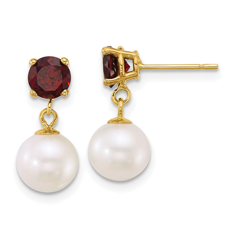 14k 7-8mm Round White FWC Pearl and Garnet Post Dangle Earrings-XF878E/GA