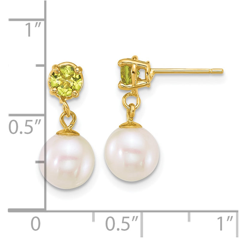 14k 7-8mm Round White FWC Pearl and Peridot Post Dangle Earrings-XF878E/PE