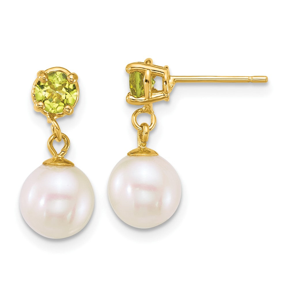14k 7-8mm Round White FWC Pearl and Peridot Post Dangle Earrings-XF878E/PE