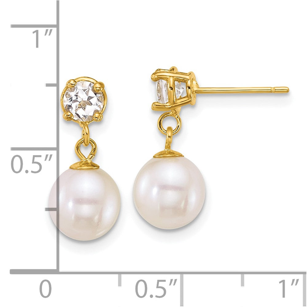 14k 7-8mm Rnd Wht FWC Pearl & White Topaz Post Dangle Earrings-XF878E/WT