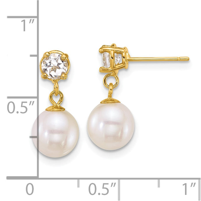 14k 7-8mm Rnd Wht FWC Pearl & White Topaz Post Dangle Earrings-XF878E/WT