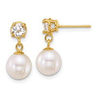 14k 7-8mm Rnd Wht FWC Pearl & White Topaz Post Dangle Earrings-XF878E/WT