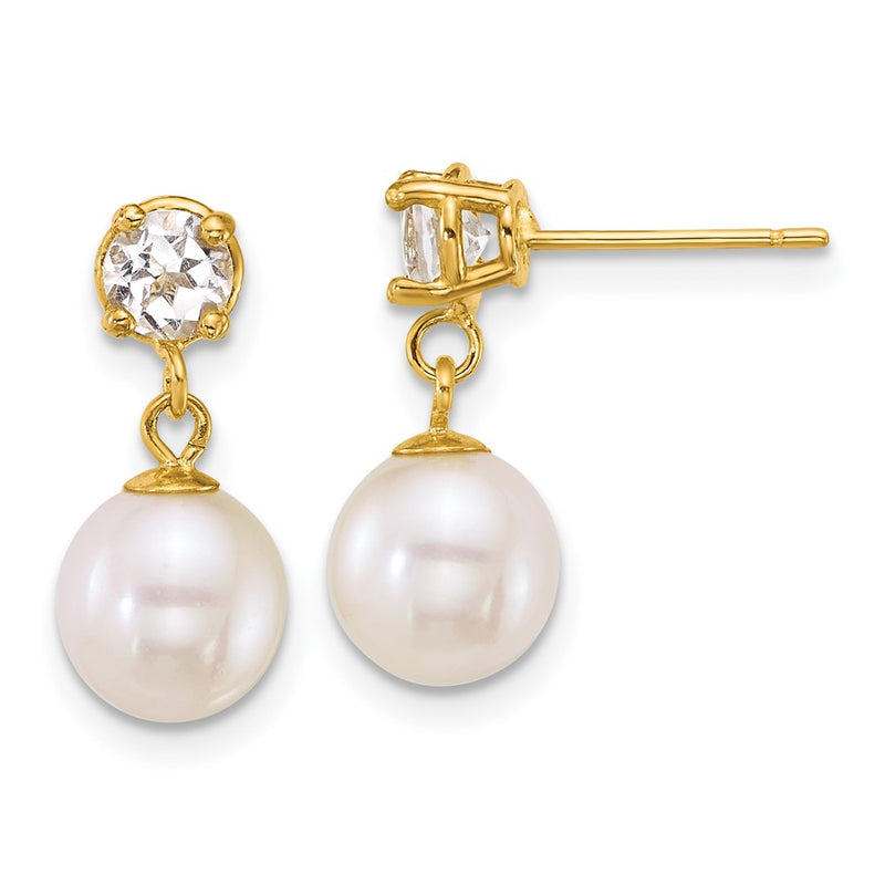 14k 7-8mm Rnd Wht FWC Pearl & White Topaz Post Dangle Earrings-XF878E/WT