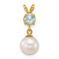 14k 7-8mm Round White FWC Pearl and Blue Topaz Pendant-XF878/BT