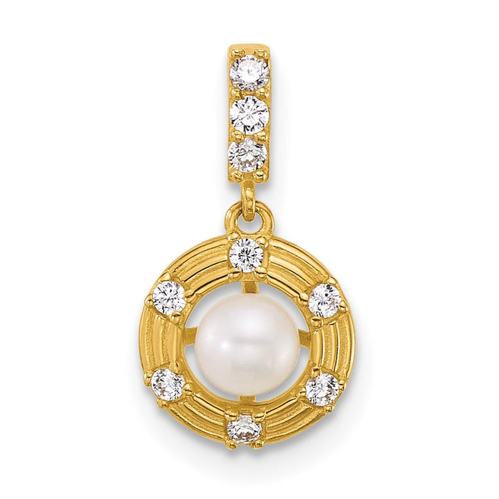 14k Polished and Grooved FWC Pearl and CZ Circle Pendant-XF880