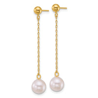 14k 6.5-7mm White Rnd Akoya Saltwater Cultured Pearl Dangle Earrings-XF890E