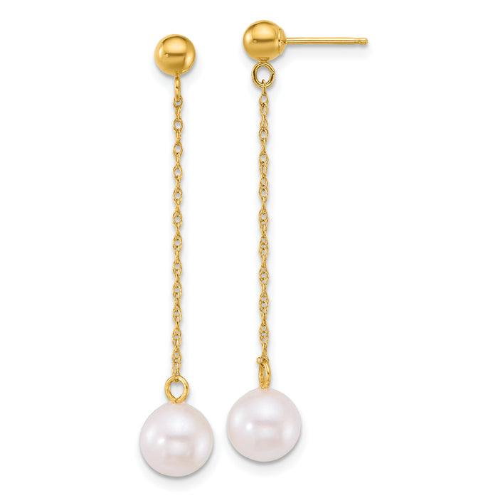 14k 6.5-7mm White Rnd Akoya Saltwater Cultured Pearl Dangle Earrings-XF890E