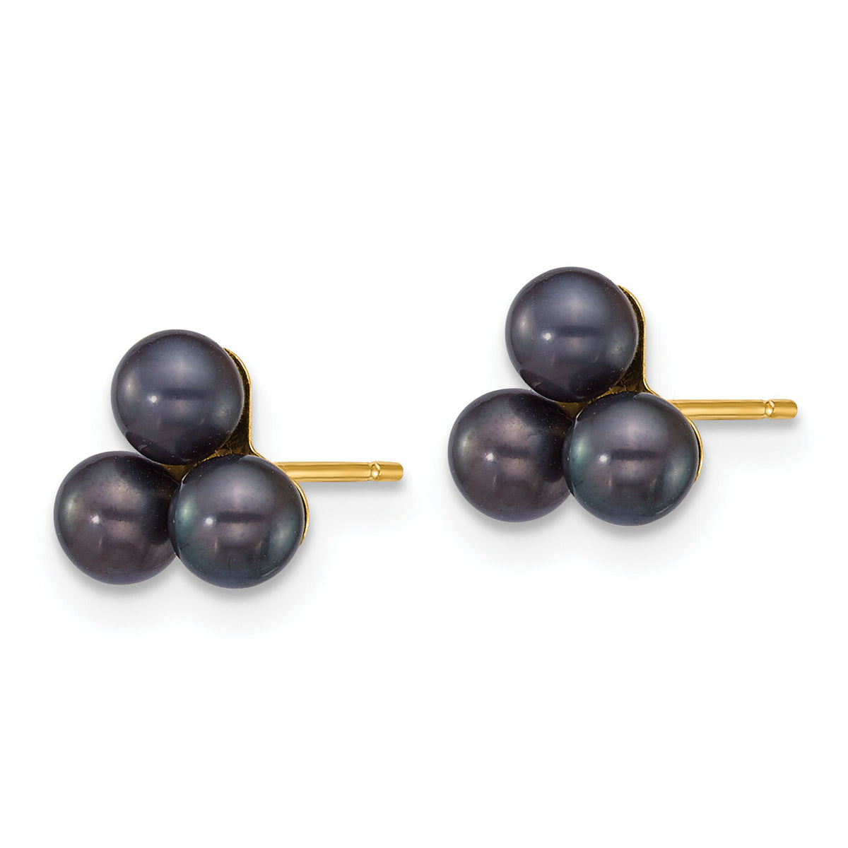 14k 3-4mm Button Black Freshwater Cultured 3 Pearl Post Earrings-XF892EB