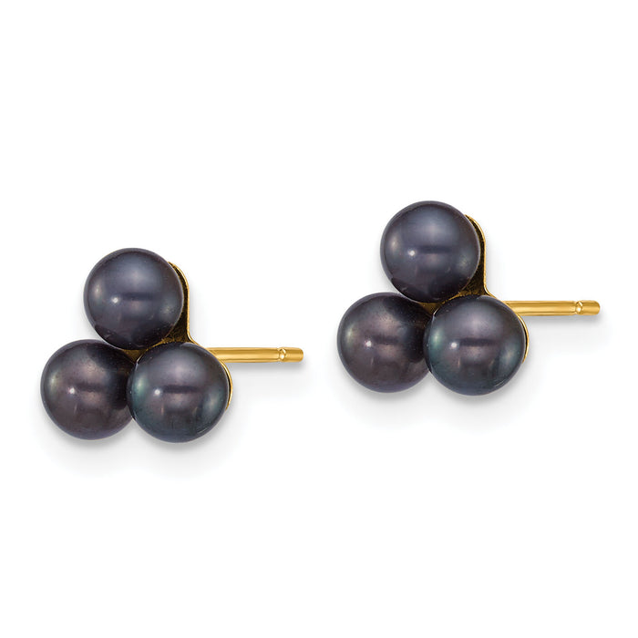 14k 3-4mm Button Black Freshwater Cultured 3 Pearl Post Earrings-XF892EB