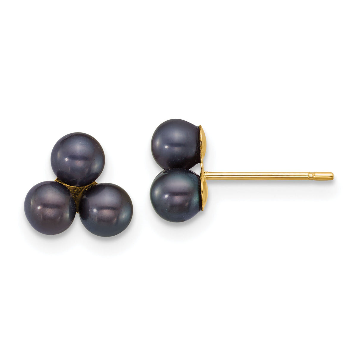 14k 3-4mm Button Black Freshwater Cultured 3 Pearl Post Earrings-XF892EB