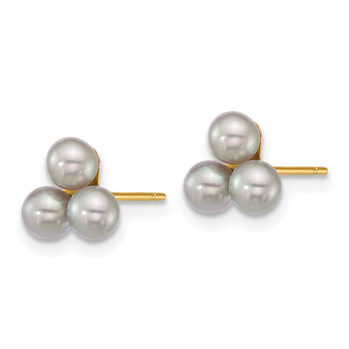 14k 3-4mm Button Grey Freshwater Cultured 3 Pearl Post Earrings-XF892EG