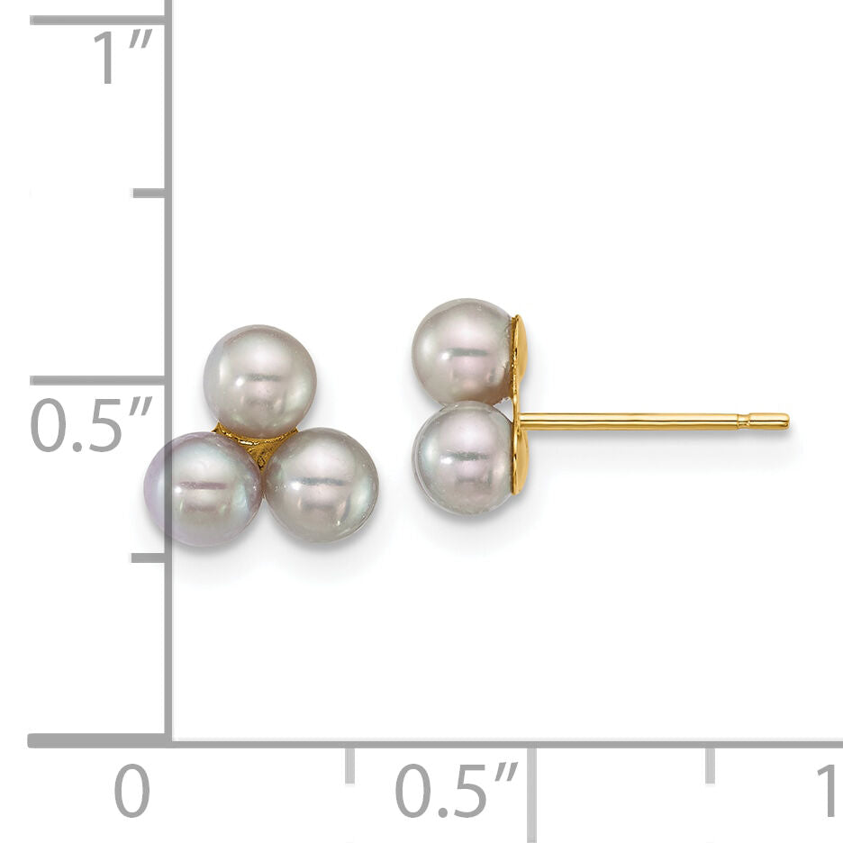 14k 3-4mm Button Grey Freshwater Cultured 3 Pearl Post Earrings-XF892EG