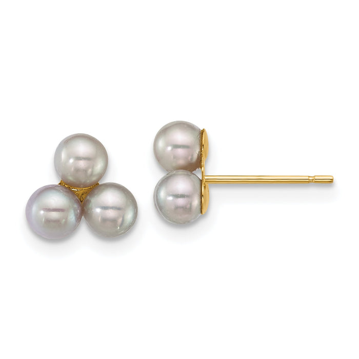 14k 3-4mm Button Grey Freshwater Cultured 3 Pearl Post Earrings-XF892EG