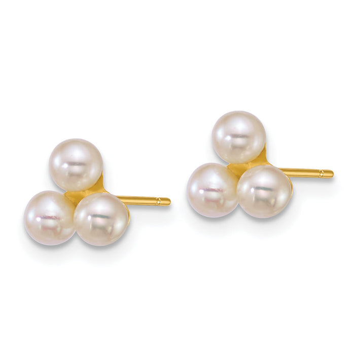 14k 3-4mm Button White Freshwater Cultured 3 Pearl Post Earrings-XF892EW