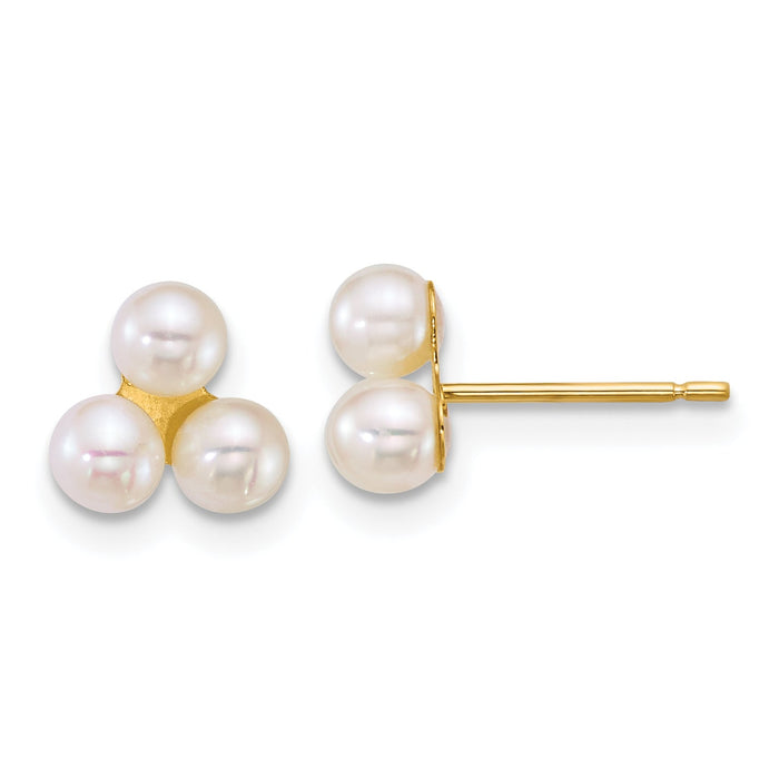14k 3-4mm Button White Freshwater Cultured 3 Pearl Post Earrings-XF892EW