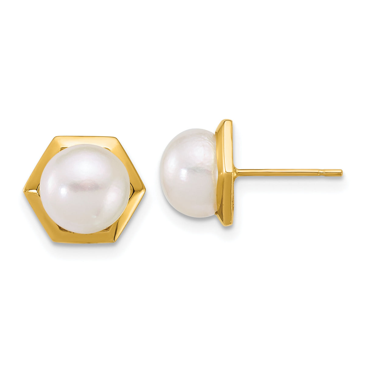 14k Polished 7-8mm Button FW Cultured Pearl Hexagon Post Earrings-XF901E
