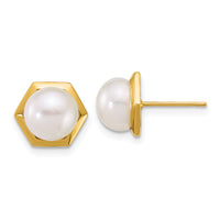 14k Polished 7-8mm Button FW Cultured Pearl Hexagon Post Earrings-XF901E