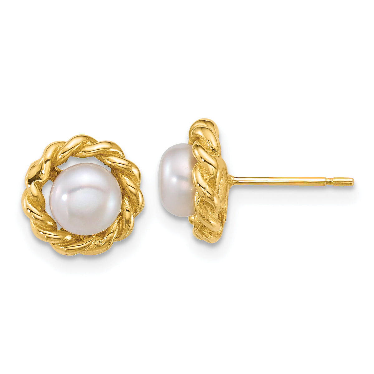 14k Polished 5-6mm Button Freshwater Cultured Pearl Post Earrings-XF904E
