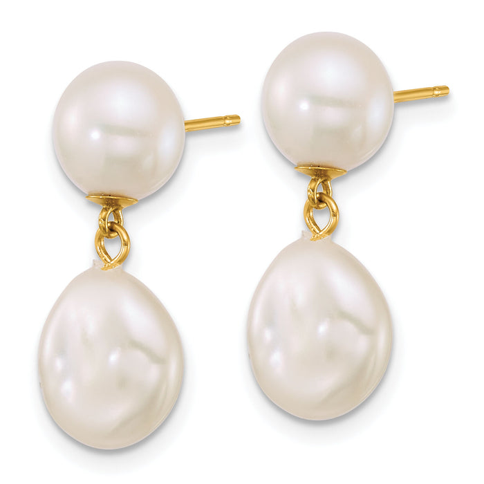 14k 7-10mm Button/Baroque White FW Cultured Pearl Post Dangle Earrings-XF906E