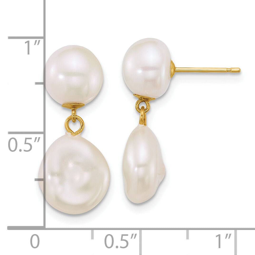 14k 7-10mm Button/Baroque White FW Cultured Pearl Post Dangle Earrings-XF906E