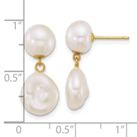 14k 7-10mm Button/Baroque White FW Cultured Pearl Post Dangle Earrings-XF906E