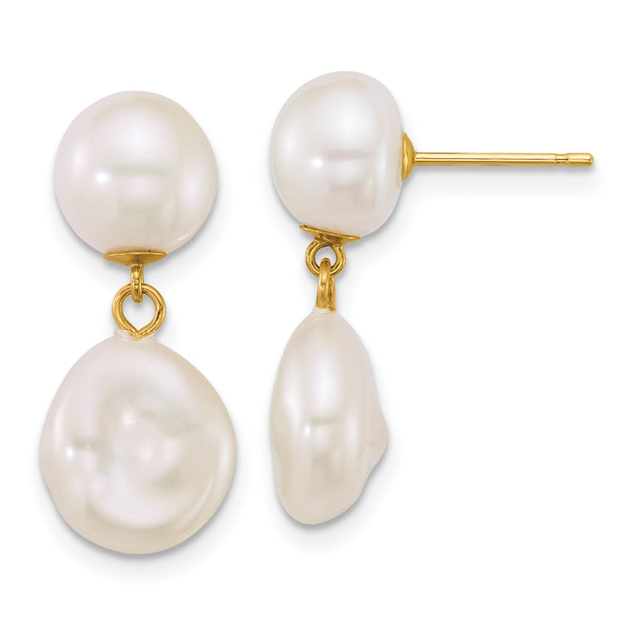14k 7-10mm Button/Baroque White FW Cultured Pearl Post Dangle Earrings-XF906E