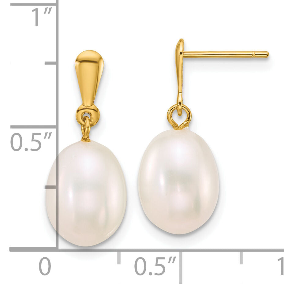 14k 8-9mm Rice White Freshwater Cultured Pearl Post Dangle Earrings-XF908E