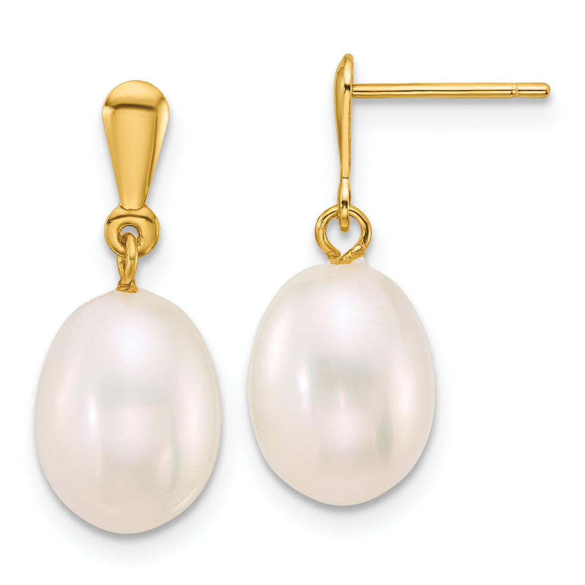 14k 8-9mm Rice White Freshwater Cultured Pearl Post Dangle Earrings-XF908E