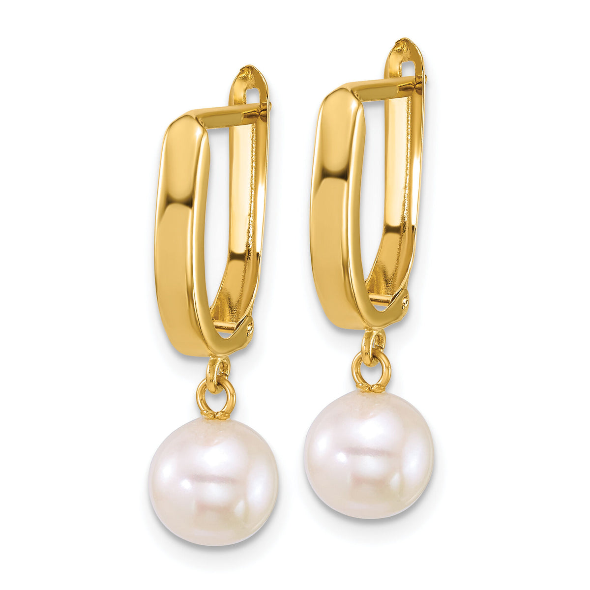 14k 7-8mm Round White FW Cultured Pearl Dangle Hoop Earrings-XF913E