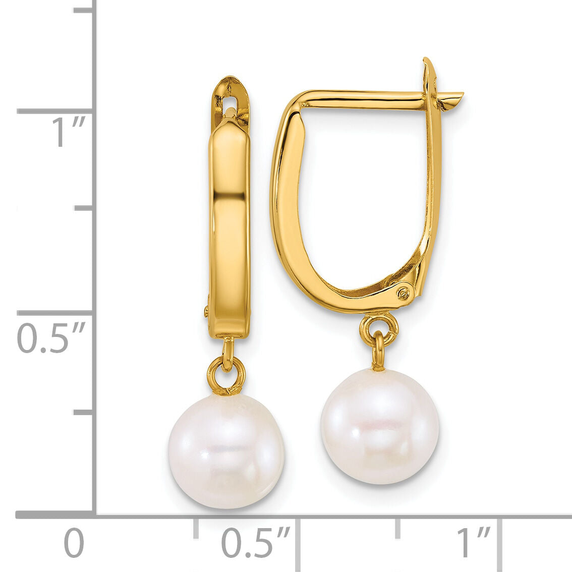 14k 7-8mm Round White FW Cultured Pearl Dangle Hoop Earrings-XF913E