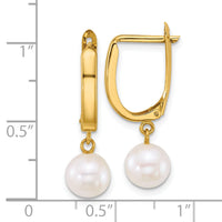 14k 7-8mm Round White FW Cultured Pearl Dangle Hoop Earrings-XF913E