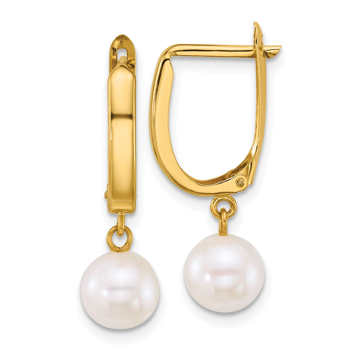 14k 7-8mm Round White FW Cultured Pearl Dangle Hoop Earrings-XF913E