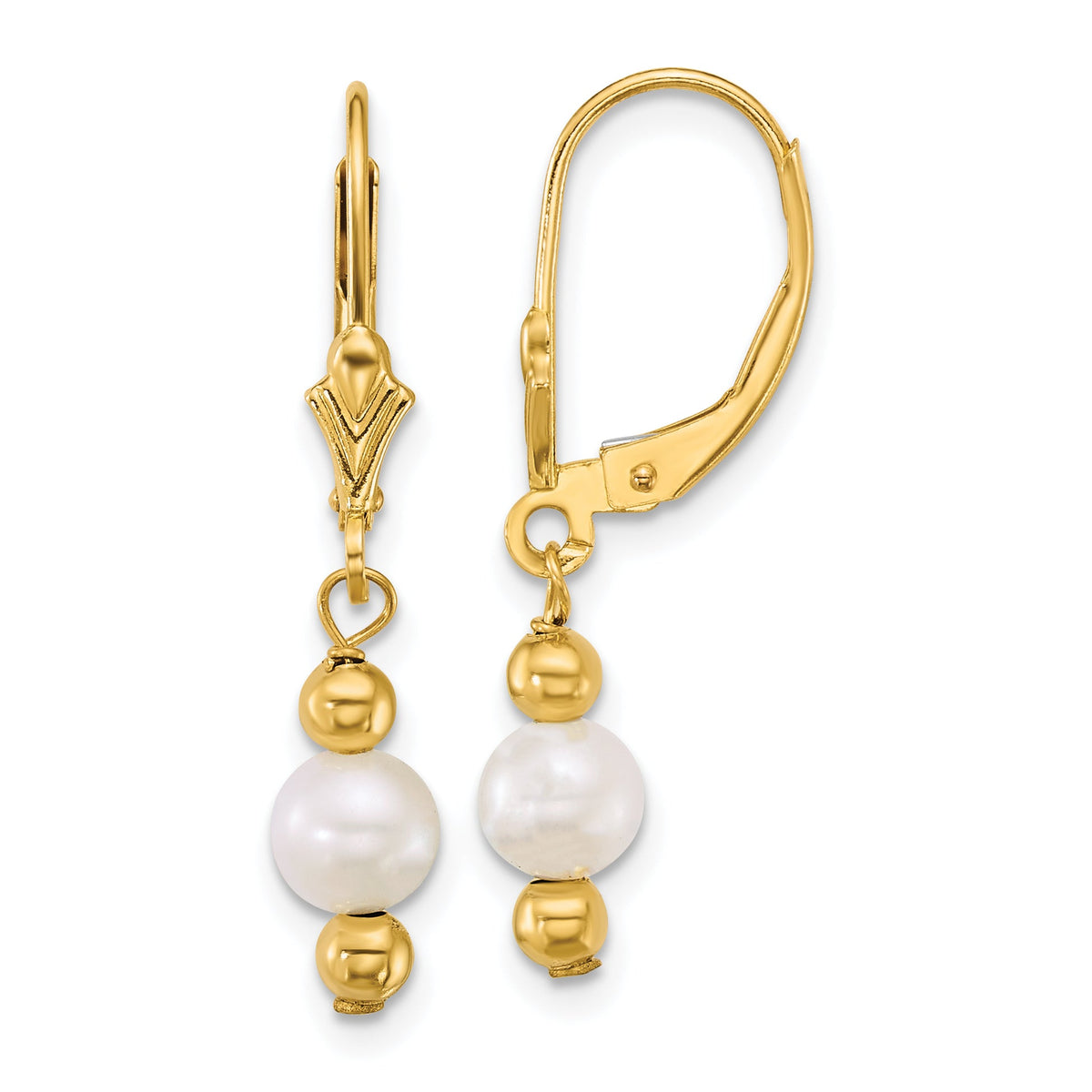 14k 5-6mm Round White Freshwater Cultured Pearl Dangle Earrings-XF914E