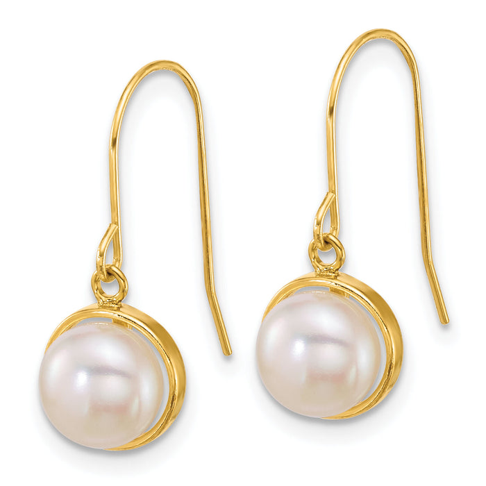 14k 6-7mm Button White Freshwater Cultured Pearl Dangle Earrings-XF916E