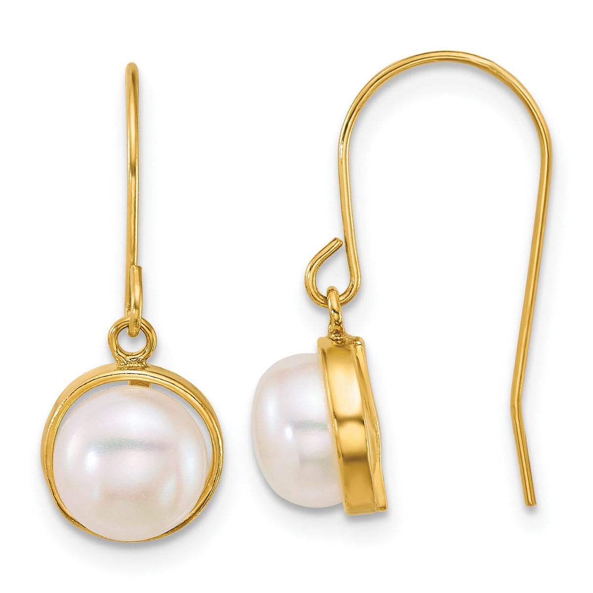 14k 6-7mm Button White Freshwater Cultured Pearl Dangle Earrings-XF916E