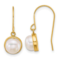 14k 6-7mm Button White Freshwater Cultured Pearl Dangle Earrings-XF916E