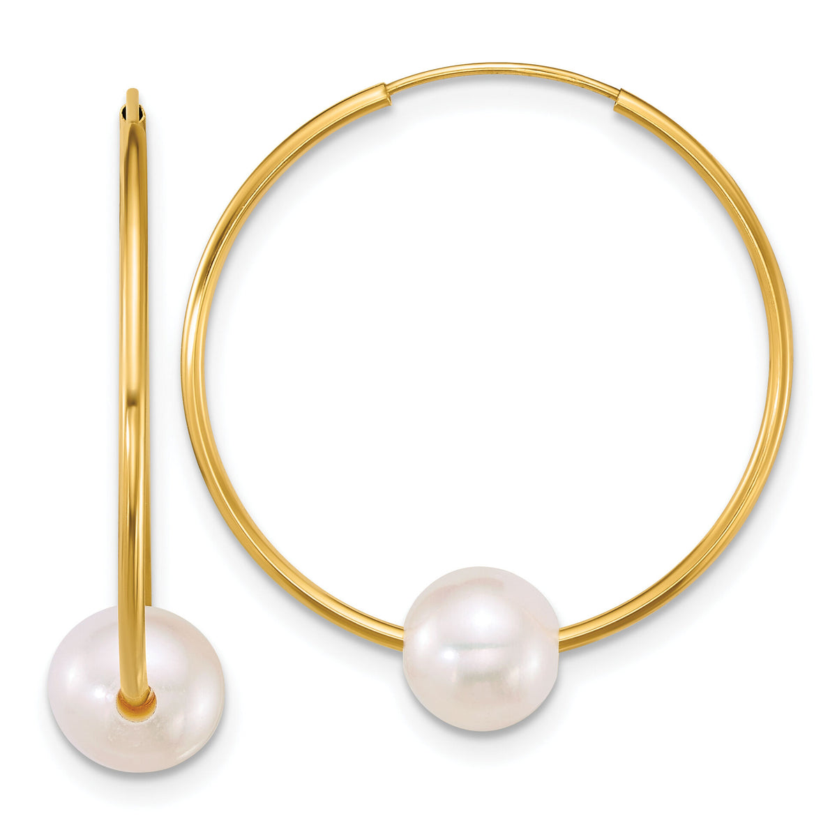 14k 6-7mm Semi-Round Freshwater Cultured Pearl Hoop Earrings-XF918E