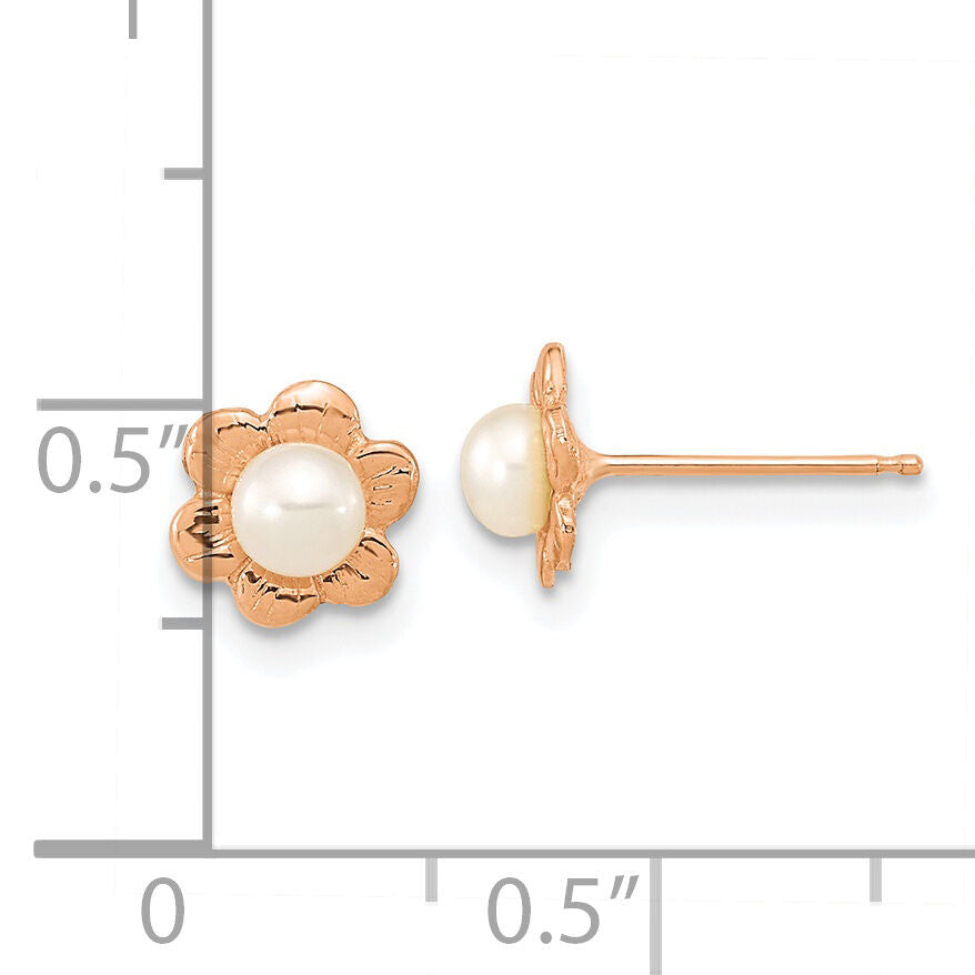 14K Rose Gold 3-4mm Button White FWC Pearl Flower Earrings-XFR617E