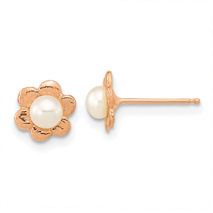 14K Rose Gold 3-4mm Button White FWC Pearl Flower Earrings-XFR617E
