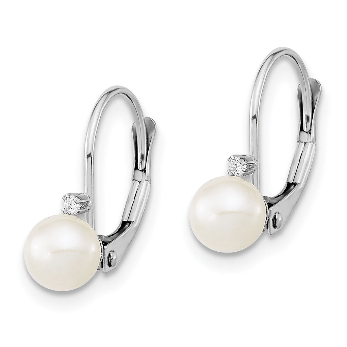 14K White Gold 5-6mm Round White FWC Pearl .02ct. Dia. Leverback Earrings-XFW248E