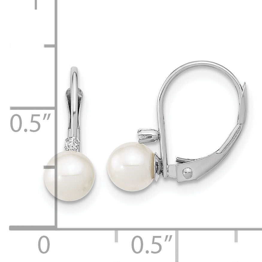 14K White Gold 5-6mm Round White FWC Pearl .02ct. Dia. Leverback Earrings-XFW248E